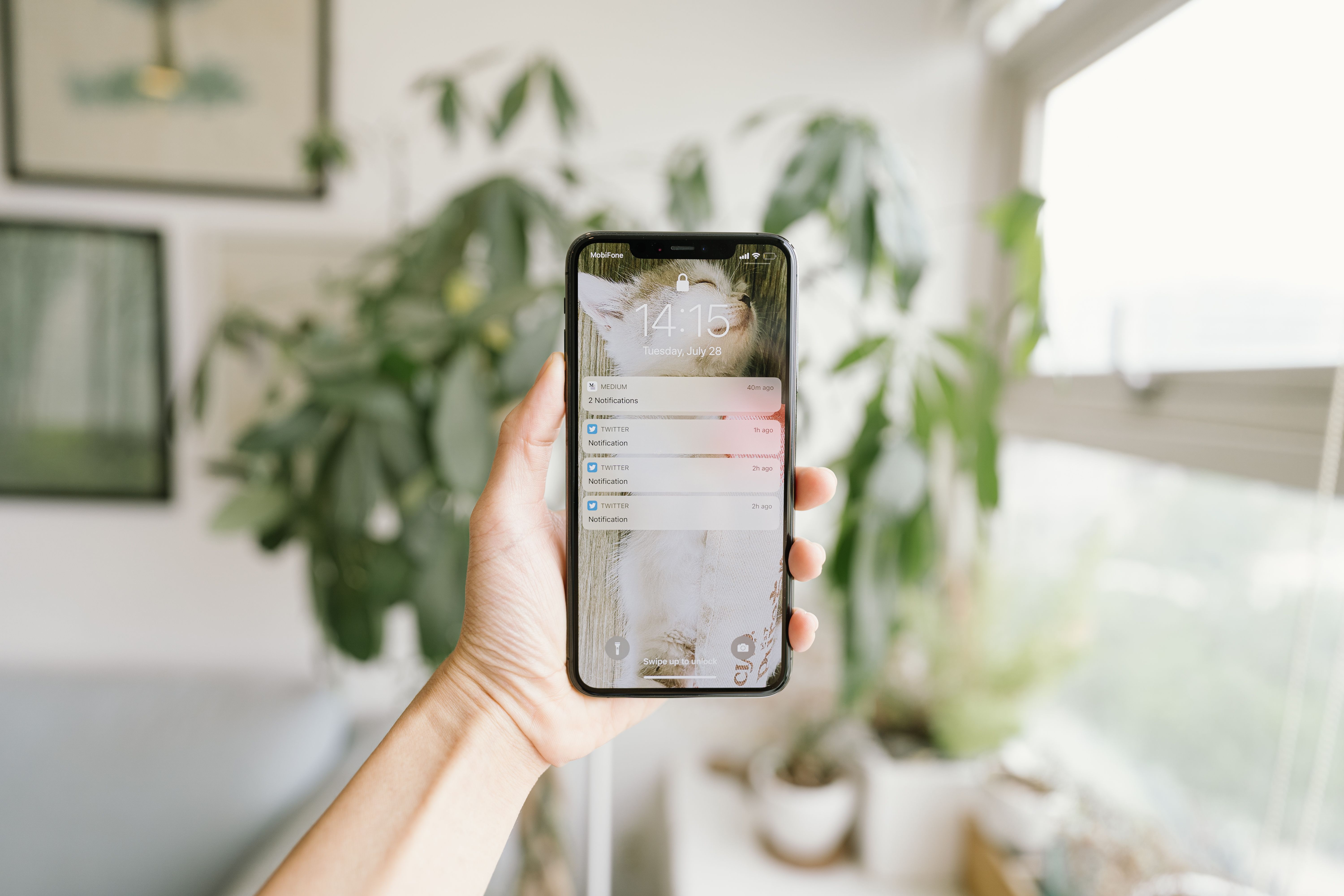 A phone alert mirrored to a desktop while a focus session is in progress